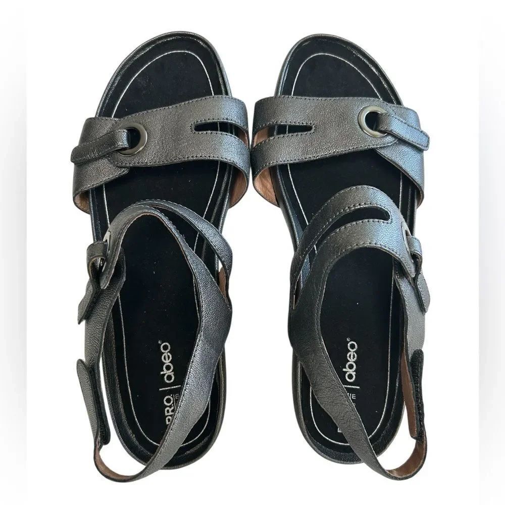 Abeo Greta Wedge Leather Sandal Pewter Gray Strappy Orthotic Athletic Size 11
